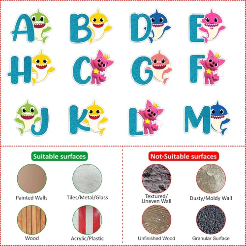 Vista 5 de BBY Shrk A-Z - Adhesivo decorativo para pared, diseño colorido de caricaturas con letras con iconos del océano, suministros educativos divertidos