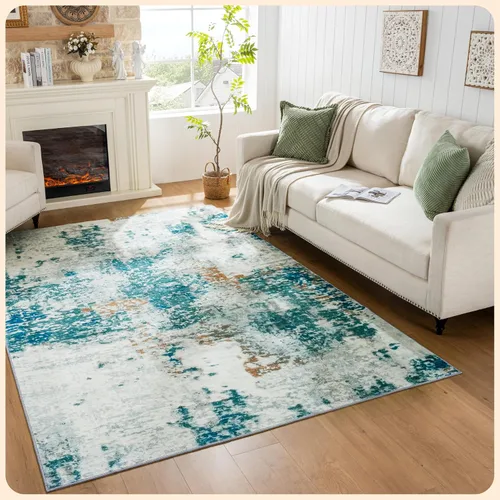 Vista 54 de Istana Alfombra larga antideslizante de 2.5 x 8 para el hogar, para pasillo y cocina, lavable, sedosa y suave al tacto, elegante, color azul y marfil