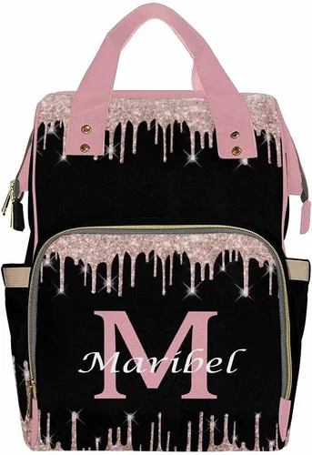 Vista 24 de Bolsa de pañales personalizada con purpurina brillante, color rosa, oro rosa, rubor, con nombre, bolsas de pañales de viaje, mochila casual