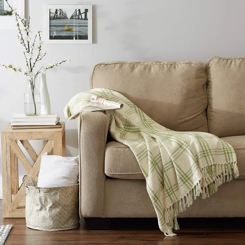 Vista 5 de DII Modern Farmhouse Plaid Collection - Manta de algodón con flecos, 50 x 60 pulgadas, color blanco/verde antiguo