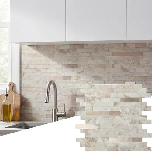 Vista 53 de Yipscazo Losetas en muro tipo azulejo, de metal y piedra, autoadhesivas, para cocina, baño, lavandería, cámper, chimenea