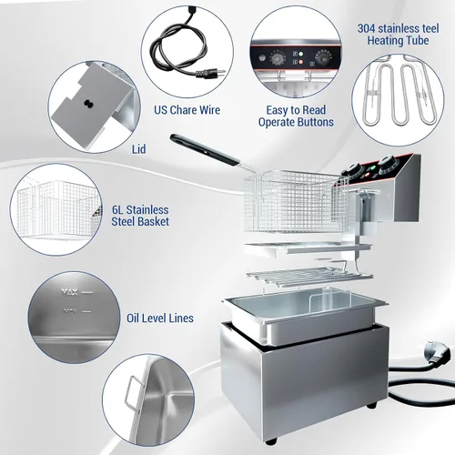 Vista 3 de Freidora comercial de 8.4 cuartos de galón con cesta eléctrica, freidora de acero inoxidable para restaurante y hogar, 1800 W