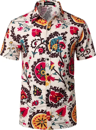 Vista 2 de LucMatton Camisas hawaianas de manga corta con estampado tradicional de lino y algodón para hombre