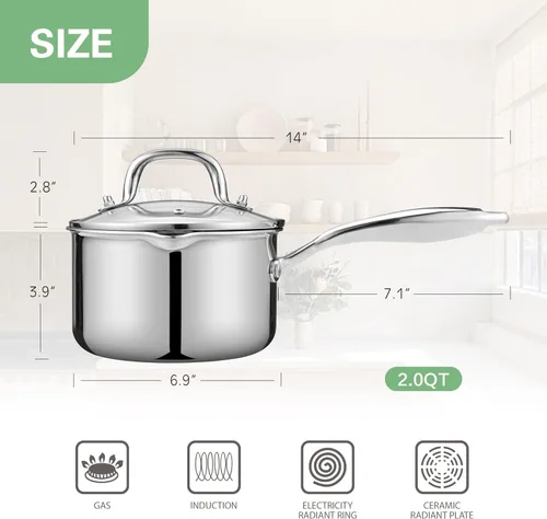 Vista 3 de Cacerola antiadherente de 2 cuartos con tapa, cacerola de cerámica pequeña para cocinar, no tóxica, libre de PTFE y PFOA - apta para horno