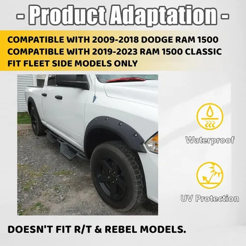Vista 2 de KUAFU Guardabarros compatibles con Dodge Ram 1500 Classic 2009-2023 estilo de remache de bolsillo, protector de rueda con textura negra delantera