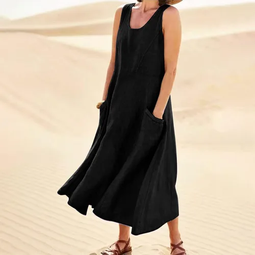 Vista 4 de BAJSDCU Dress for Women 2024 Fashion Casual Solid Cotton Dress Sleeveless with Pocket Loose Dress Tank Long Sleeve