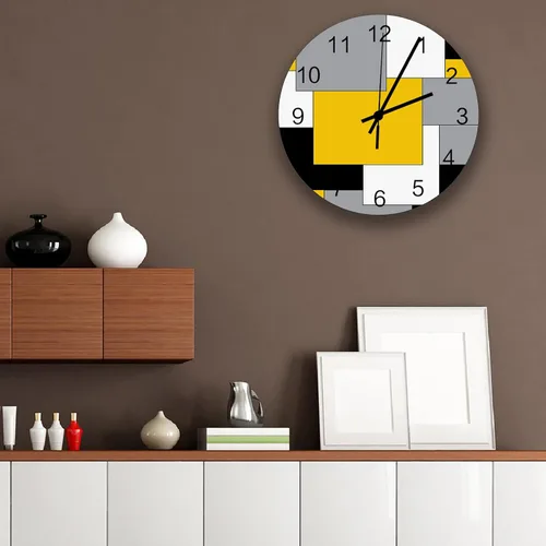 Vista 2 de Savannan Reloj de pared de madera de 12 pulgadas de mediados de siglo abstracto geométrico bloque de color 3D amarillo, negro gris, funciona