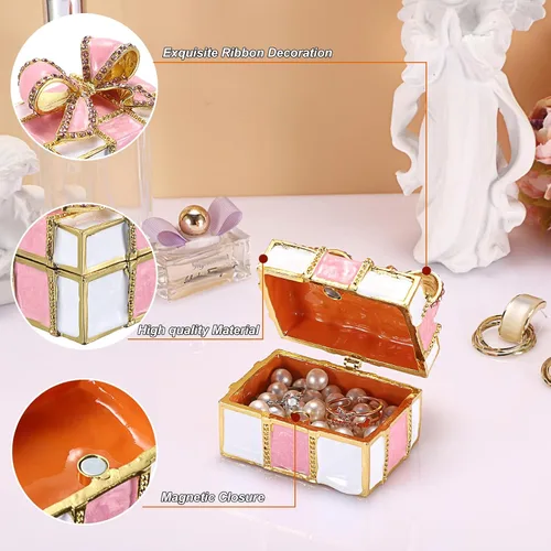 Vista 4 de Hipiwe Mini joyero de metal con nudo de lazo rosa con bisagras, caja decorativa de esmalte brillante, caja de tesoros, figura, aretes, soporte