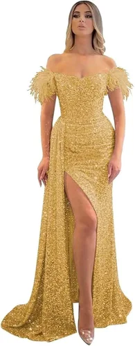 Vista 14 de Vestidos de fiesta de lentejuelas con hombros descubiertos, vestido formal de sirena brillante, vestido largo de fiesta de noche con abertura