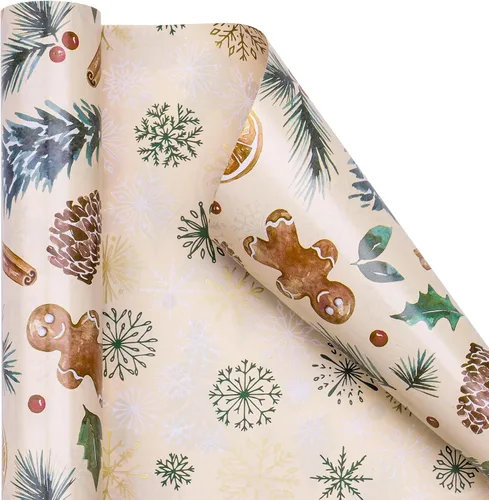 Vista 2 de RUSPEPA Reversible Christmas Wrapping Paper Roll, Mini Roll, Gingerbread Pinecone and Snowflake Design Gift Wrap for Christmas Presents, Winter