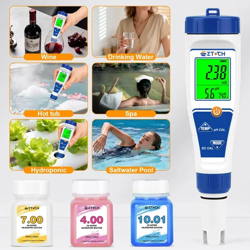 Vista 6 de Probador digital de sal de cloro para piscina, medidor de salinidad de pH para agua de piscina, probador de pH de cloro salino, probador de pH 7