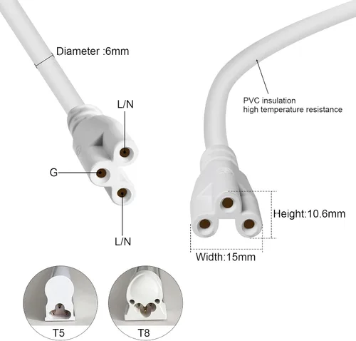 Vista 3 de Cables de extensión de 3 pies T5 T8 Cable de alimentación de cable de lámpara, conector LED de doble extremo hembra, cable de conexión de lámpara