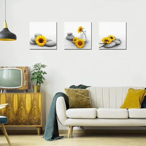 Vista 2 de Biuteawal Lienzo de girasol para pared, 3 piezas, pintura amarilla y gris, relajante con piedra zen, ilustraciones impresas para spa, baño, sala
