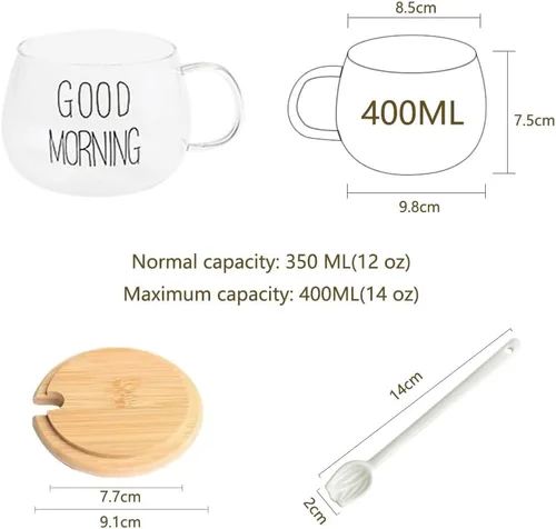 Vista 4 de TREEWOO Good MORNING - Taza transparente para café, postre, leche, té, yogur, juego de 2, vasos redondos de vidrio con asa con tapa de bambú