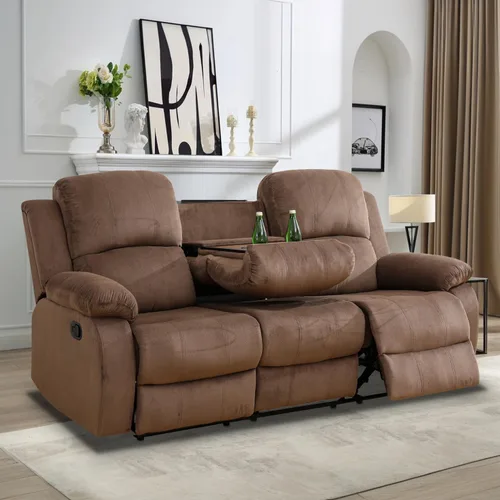 Vista 24 de Juego de Muebles para Sala de Estar, Juego de Sofá Reclinable Manual, Juegos de Sofás Reclinables de Cuero Beige con Mesa Desplegable, Sofá