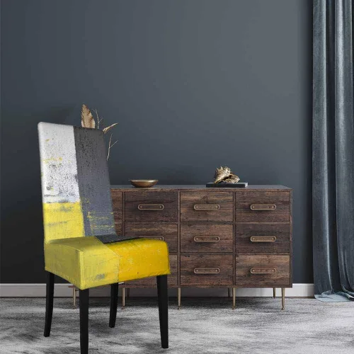 Vista 2 de 1 paquete de 1 funda para silla de comedor, pintura de arte abstracto, color amarillo y gris, patrón de pinceladas contemporáneas, de poliéster