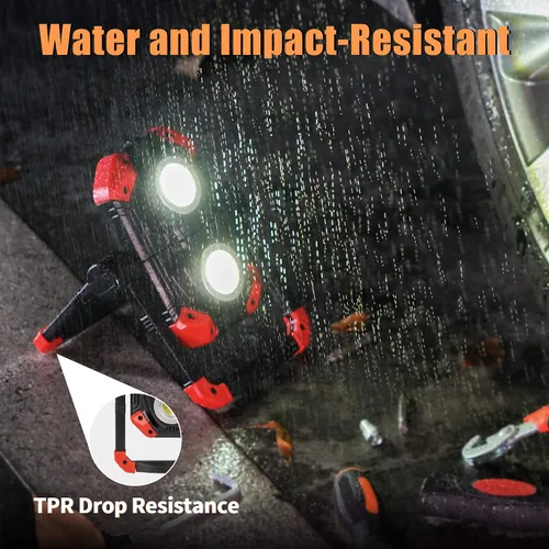 Vista 6 de Luz de trabajo LED recargable, 2 COB 2500LM Luz de inundación portátil plegable con base magnética y soporte de rotación de 360°, focos impermeables