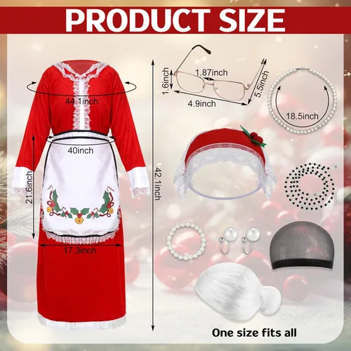 Vista 2 de 10 piezas de disfraz de Sra. Santa para mujer, vestido clásico de Papá Noel, capó, delantal, peluca para adultos, disfraz de Navidad, fiesta