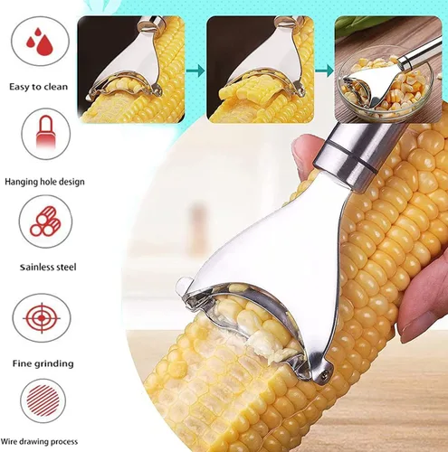 Vista 4 de 2 peladores mágicos de maíz, pelador de mazorcas de maíz de acero inoxidable, práctica herramienta para utensilios de cocina, cortador de mazorca