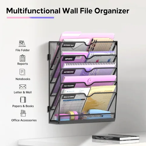 Vista 6 de SUPEASY Organizador de archivos de pared de 6 niveles con base, soporte Negro