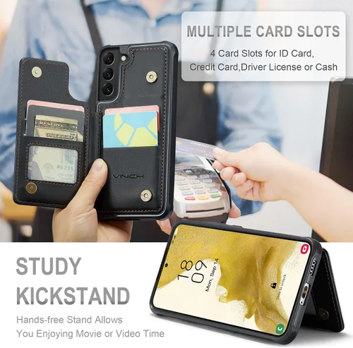 Vista 7 de Vinich - Funda tipo cartera para Samsung Galaxy S22 con tarjetero, color negro Ranuras de crédito con bloqueo RFID, soporte para teléfono a prueba