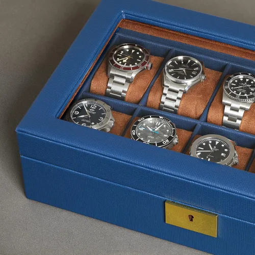 Vista 8 de ROTHWELL Caja de reloj de cuero con 10 ranuras, organizador de joyas de lujo, soporte para reloj con tapa de cristal grande, organizador de caja