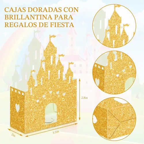Vista 2 de Chrisfall - 24 cajas doradas de castillo de princesa con purpurina Birthday Party Supplies, Princess Theme Favors, Wedding Celebration, Candy