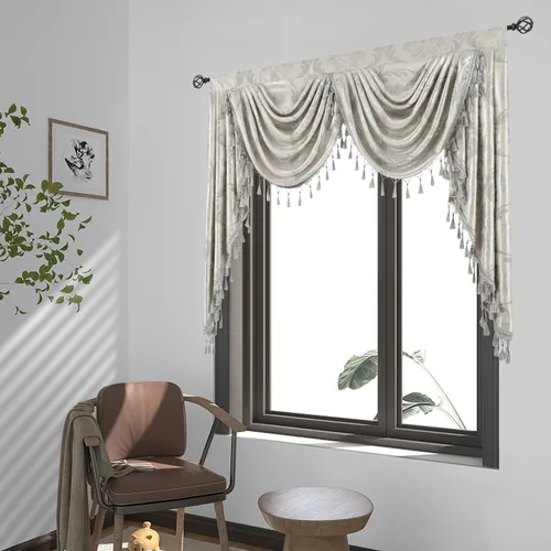 Vista 9 de Cenefas florales europeas color gris plateado para ventanas, cenefas de cascada de damasco con borlas de cuentas - Cenefa de ventana en cascada
