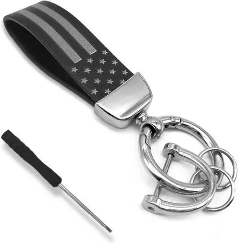 Vista 8 de KEVWR Llavero de coche con la bandera de Estados Unidos, llaveros circulares personalizados de aleación de zinc, compatible con camión, Chevrolet
