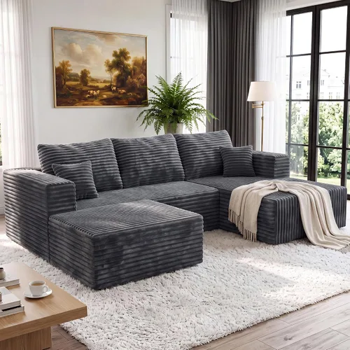 Vista 47 de Sofá modular en forma de L para sala de estar, sofá modular sin huesos con diván, sofá de pana con asiento profundo, no requiere montaje, negro