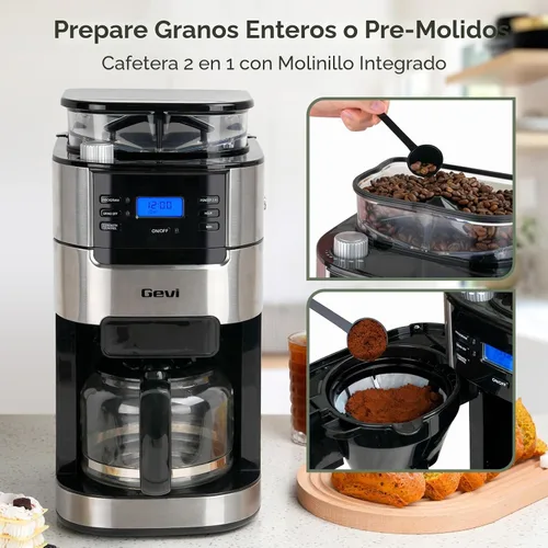 Vista 2 de Gevi Cafetera de 10 tazas con molinillo de rebabas integrado, temporizador programable, tanque de agua de 1.5L, filtro reutilizable y placa de negro