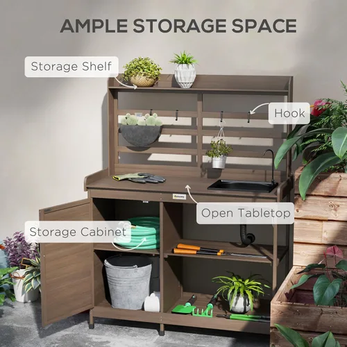 Vista 4 de Outsunny Banco de Jardinería Exterior de Madera con Mesa y Fregadero y Grifo, Estación de Trabajo de Jardín con Gabinete de Almacenamiento, Estantes