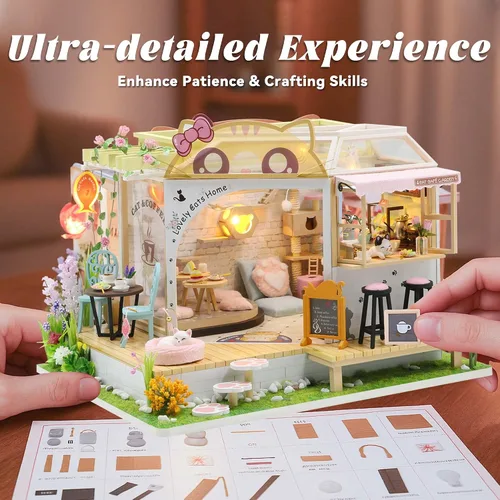 Vista 3 de Flever Kit de casa de muñecas en miniatura para bricolaje, habitación creativa con muebles para regalo romántico de San Valentín (Cat Cafe Garden)