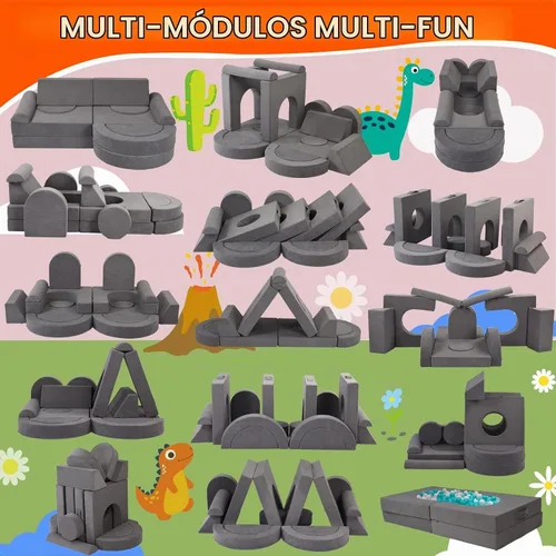 Vista 8 de Fvkind Sofá modular de juego para niños, 16 piezas, sofá de construcción para sala de juegos y dormitorio, sofá modular de juegos para niños y gris