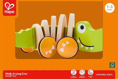 Vista 9 de Hape Croc de madera Walk-A-Long para bebés Juguete para caminar para niños pequeños de 12 meses en adelante