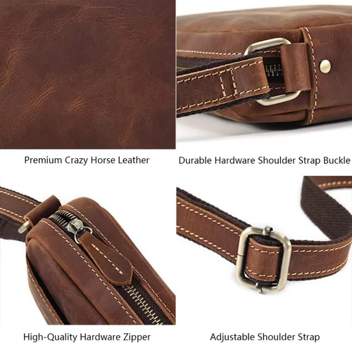 Vista 4 de Bolso cruzado retro para teléfono para hombre, pequeño bolso de hombro de cuero de caballo loco, bolso de mano de alta capacidad para hombre, bolso