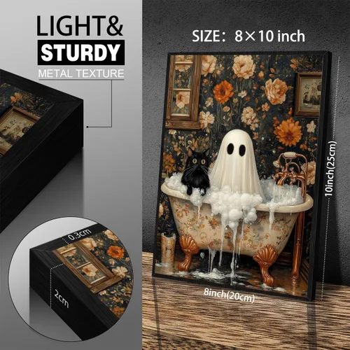 Vista 2 de Lienzo enmarcado negro para pared, póster de Halloween Dark Academia, pintura de gato negro, fantasma en la bañera, imágenes góticas de terror