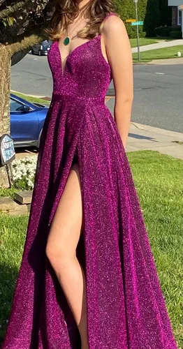 Vista 3 de Vestidos de noche formales con cuello en V y purpurina para mujer
