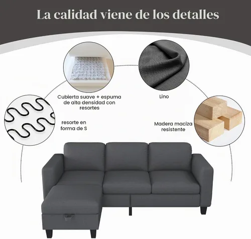 Vista 5 de Sofá modular para sala de estar, sofá en forma de L, pequeño modular de 3 asientos, cómodo lino con almacenamiento de asiento profundo, fundas