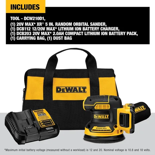 Vista 2 de DEWALT Lijadora orbital inalámbrica 20V MAX, herramienta de lijado de 5 pulgadas, 2.0Ah, 8,000-12,000 OPM, dial de velocidad variable, bolsa