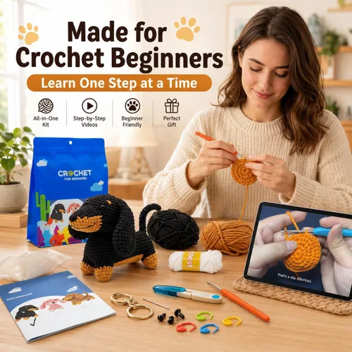 Vista 2 de Kit de ganchillo Nikolle para principiantes con videotutoriales paso a paso Kit de ganchillo de animales Kit de inicio de ganchillo para adultos