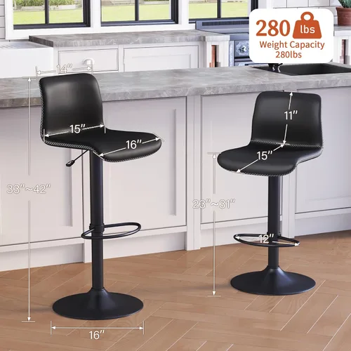 Vista 2 de HeuGah Juego de 2 taburetes de bar giratorios, taburetes de bar ajustables de altura de mostrador con respaldo, sillas de bar de piel sintética Negro