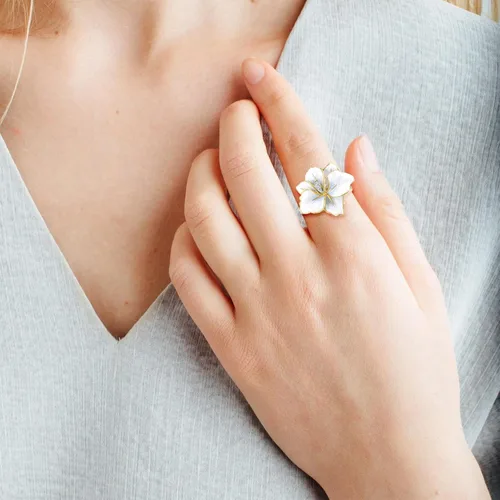 Vista 17 de Santuzza Anillo de diamante genuino de flor esmaltada de oro sólido amarillo de 10 quilates para mujer