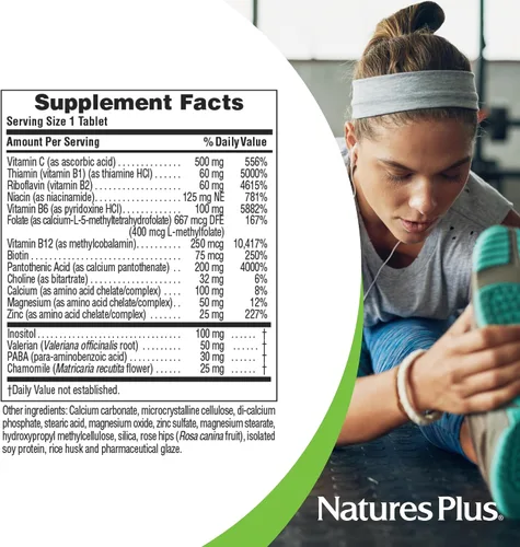 Vista 5 de NaturesPlus Complejo Mega-Stress - 60 tabletas de liberación sostenida - Complejo B, suplemento de vitamina C con manzanilla y hierbas para una
