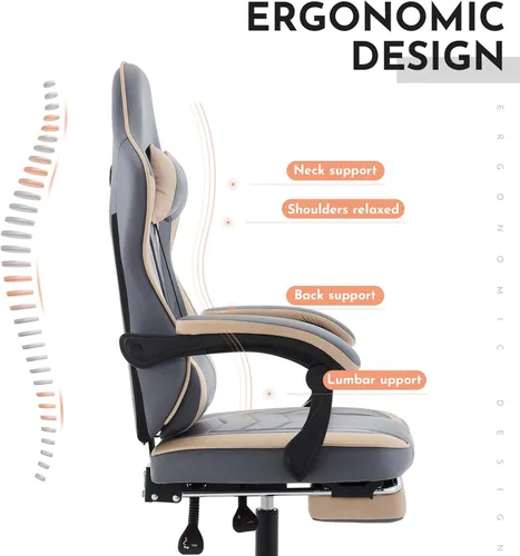 Vista 4 de Silla ergonómica de cuero para juegos con reposapiés, cómoda silla de juegos beige con cómodo reposacabezas y soporte lumbar para adultos, niños