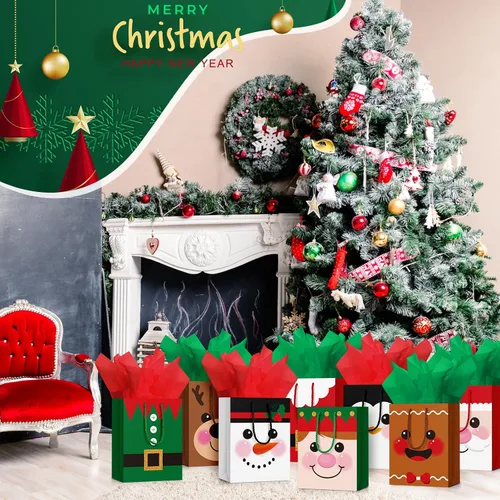 Vista 6 de Cholemy 16 piezas de bolsas de regalo de Navidad medianas gruesas con papel de seda, bolsas de papel kraft de Navidad con asas para envolver regalos