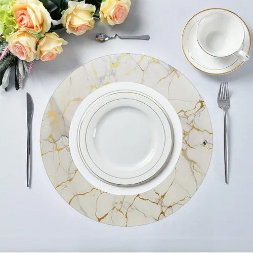 Vista 3 de Marble Print Gold Texture Round Place Mats Set of 1, Heat Resistant Washable Placemats Polyester Round Table Mats for Kitchen Home Decor Holiday