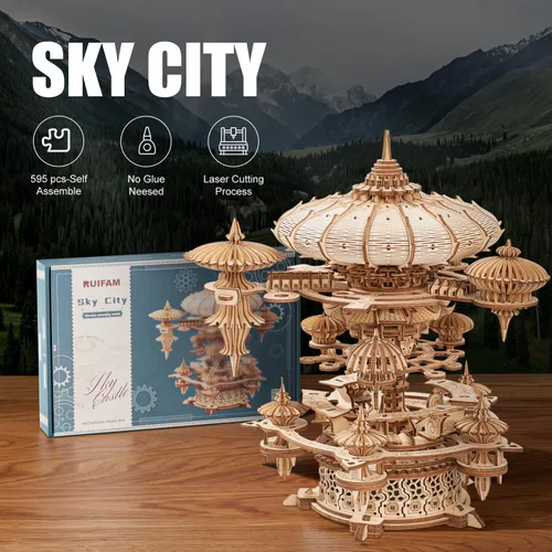 Vista 6 de Rompecabezas de madera 3D para adultos, kit de modelo de caja de música SkyCity, más de 600 piezas, diseño de paisaje urbano, desafiante artesanía