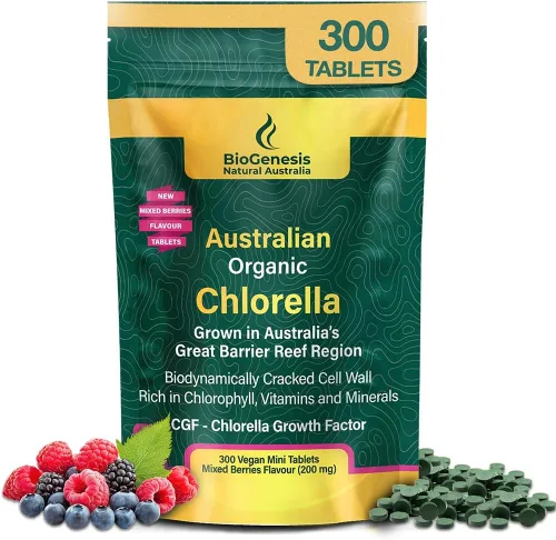 Vista 10 de Biogenesis Tabletas orgánicas de Chlorella – 300 unidades (500 mg) bayas mixtas Cultivado en Australia Pared celular agrietada BioDynamic Rico