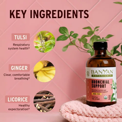 Vista 3 de Banyan Botanicals Jarabe orgánico de apoyo bronquial – Soporte para el pecho y los pulmones para niños – Jarabe calmante para la tos y garganta
